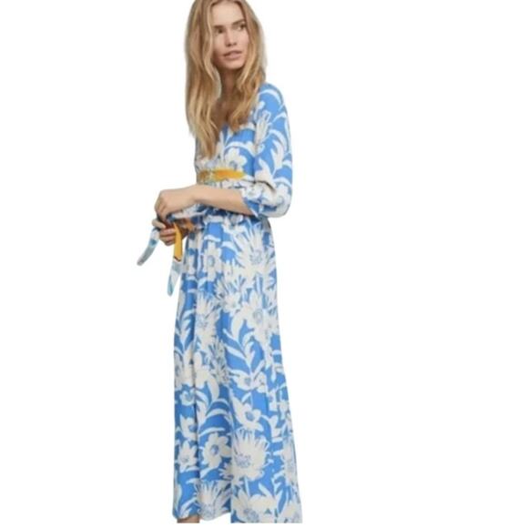 Maeve Anthropologie Dress Womens 2 Blue White Floral Maxi Wrap Belted V Neck - Picture 2 of 9